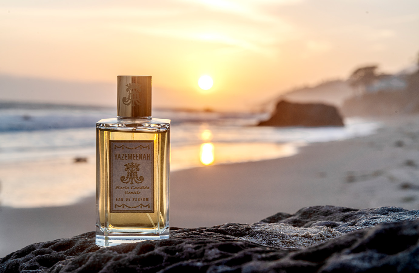 Yazemeenah Perfume the bottle at sunset